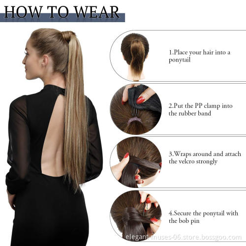 long clip in ponytail ombre blonde hair extensions wrap around ponytail synthetic fiber pony tail hairpiece for women